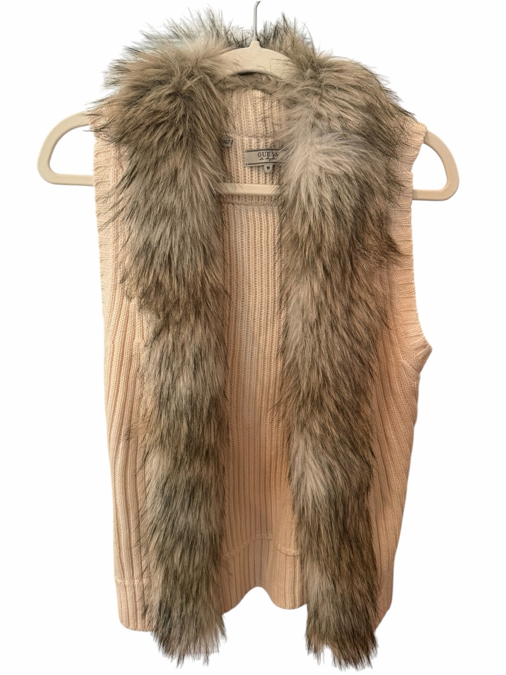 Guess Los Angeles Cream Wool Blend Knit Faux Fur Collar Vest Medium